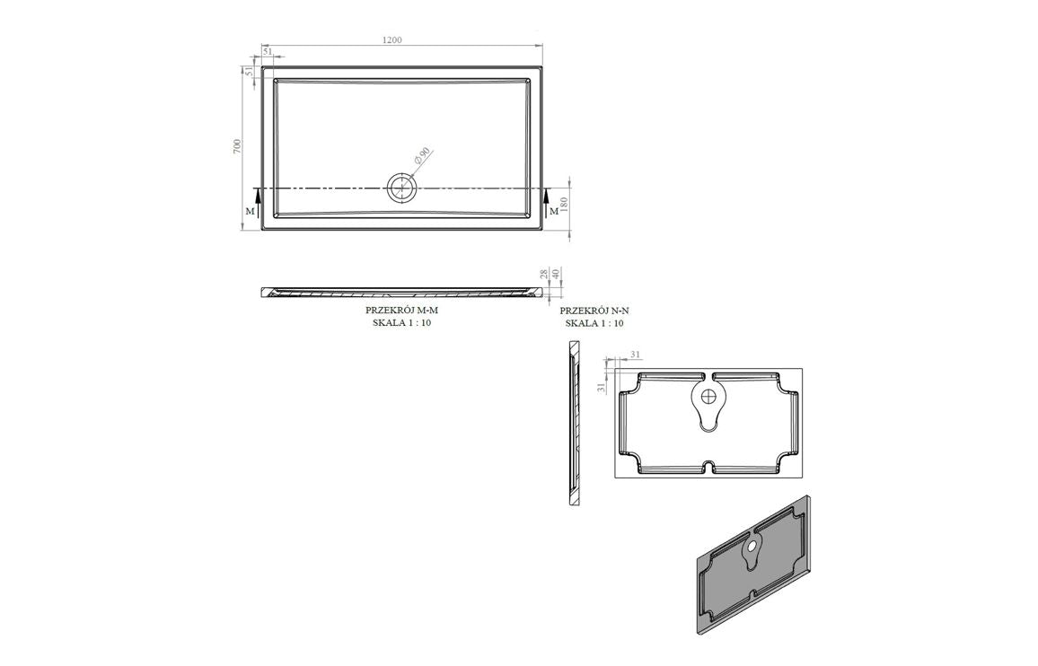 Auvellis RefleXion rectangular shower tray technical drawing DIETP1292
