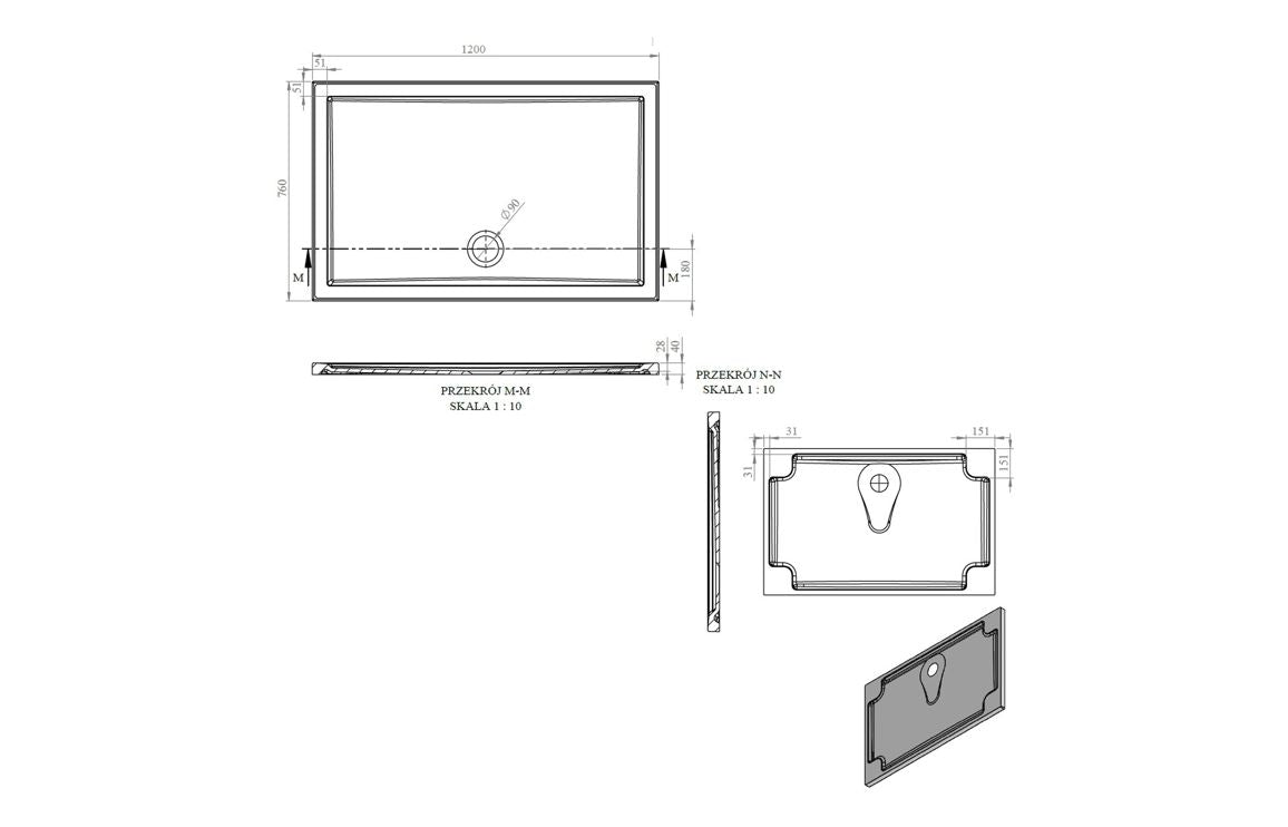 Auvellis RefleXion rectangular shower tray technical drawing DIETP1294
