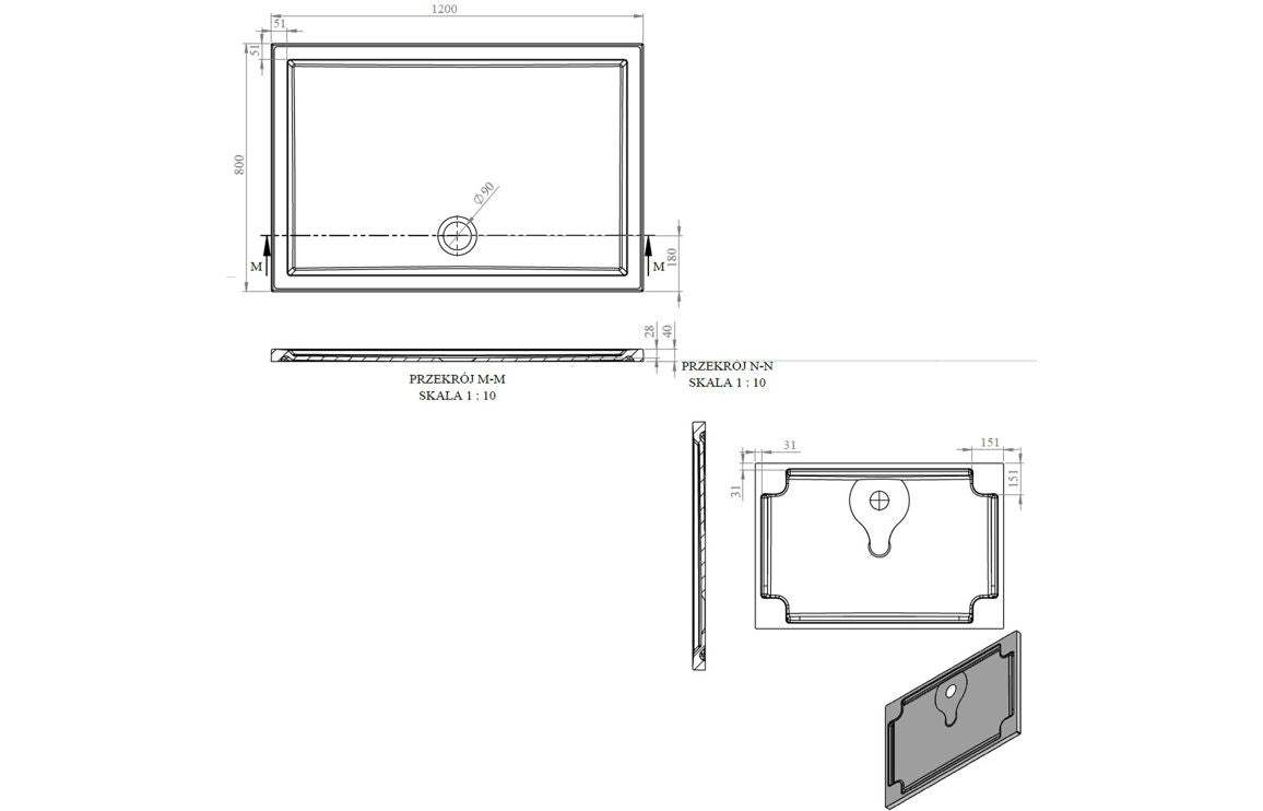 Auvellis RefleXion rectangular shower tray technical drawing DIETP1296