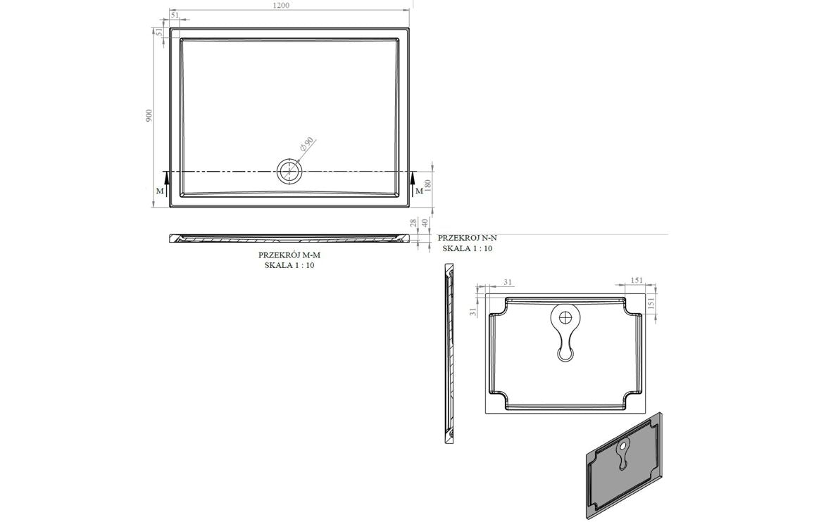 Auvellis RefleXion rectangular shower tray technical drawing DIETP1298