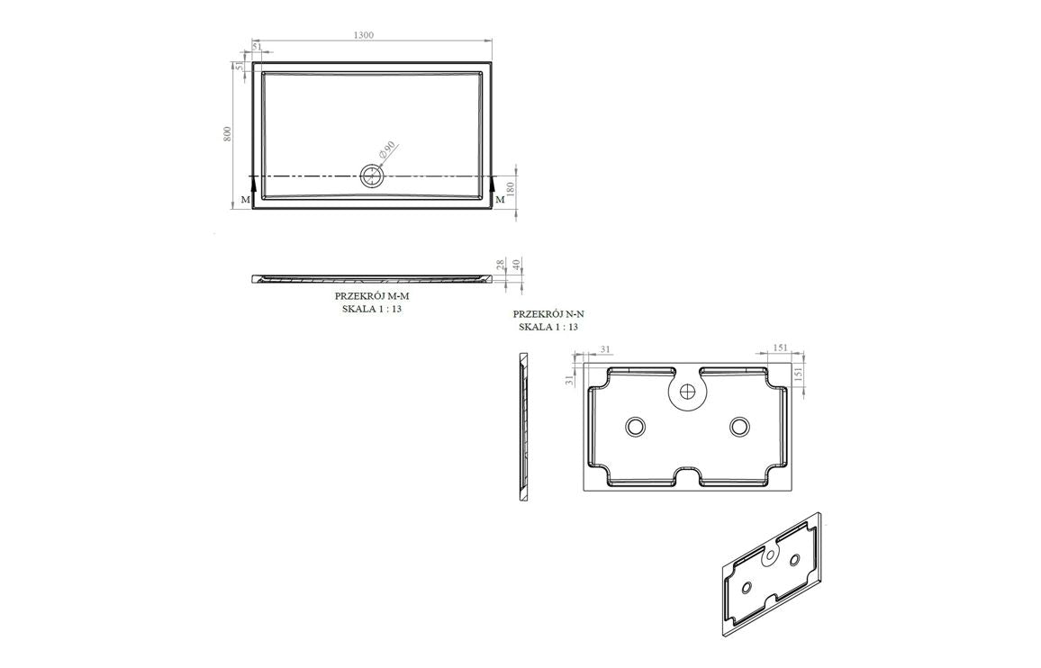 Auvellis RefleXion rectangular shower tray technical drawing DIETP1310