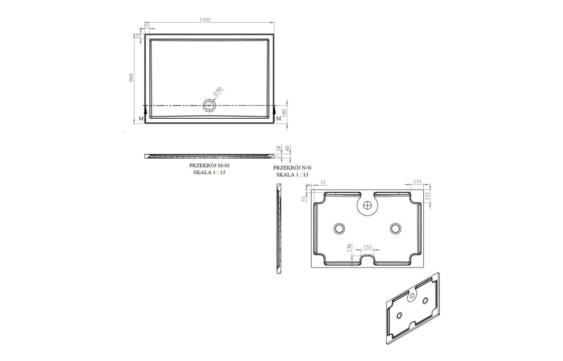 Auvellis RefleXion rectangular shower tray technical drawing DIETP1312