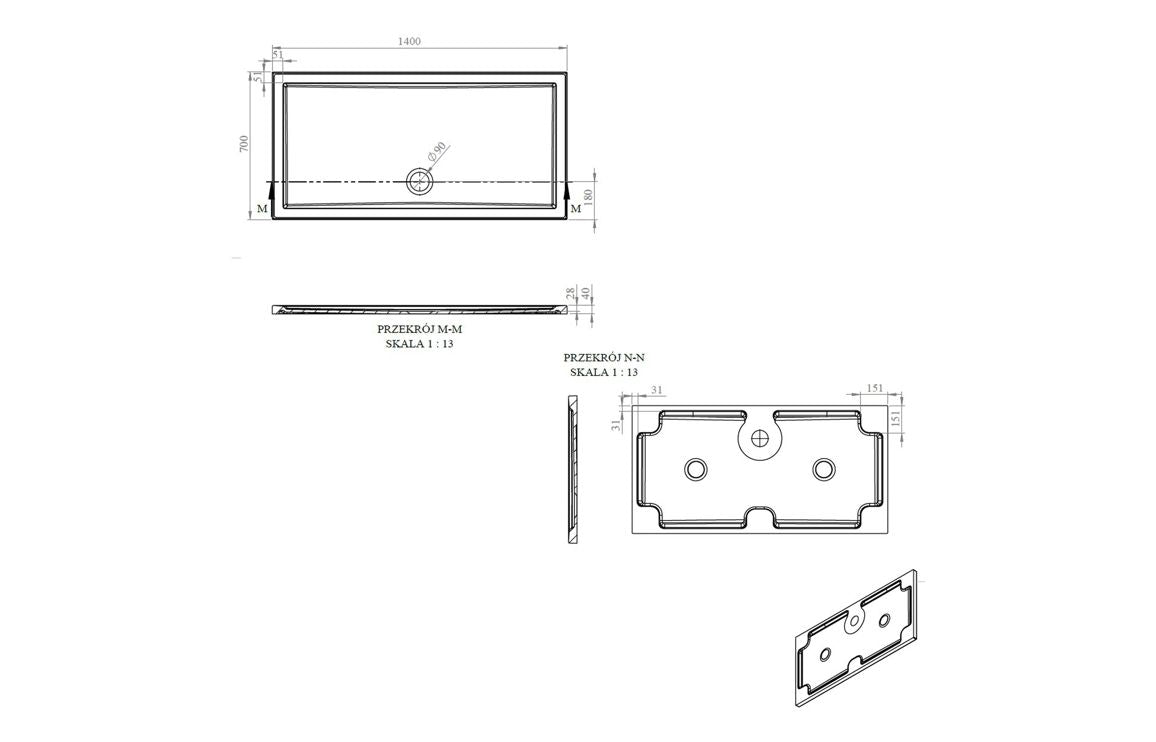 Auvellis RefleXion rectangular shower tray technical drawing DIETP1415