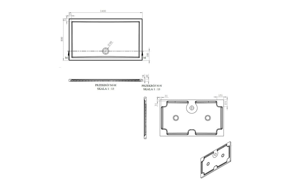 Auvellis RefleXion rectangular shower tray technical drawing DIETP1417