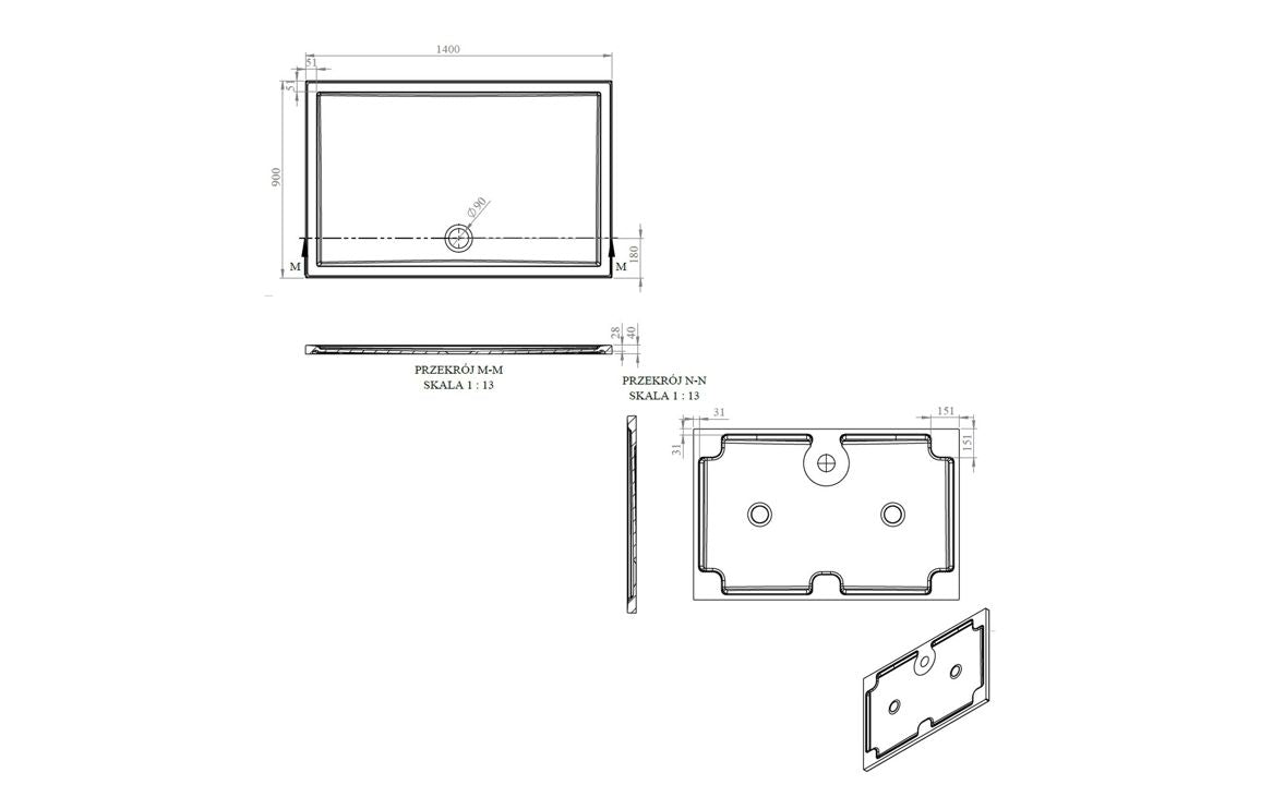 Auvellis RefleXion rectangular shower tray technical drawing DIETP1419