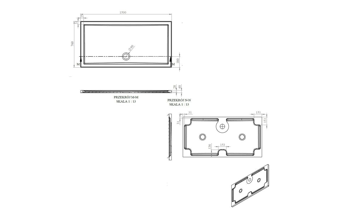 Auvellis RefleXion rectangular shower tray technical drawing DIETP1532