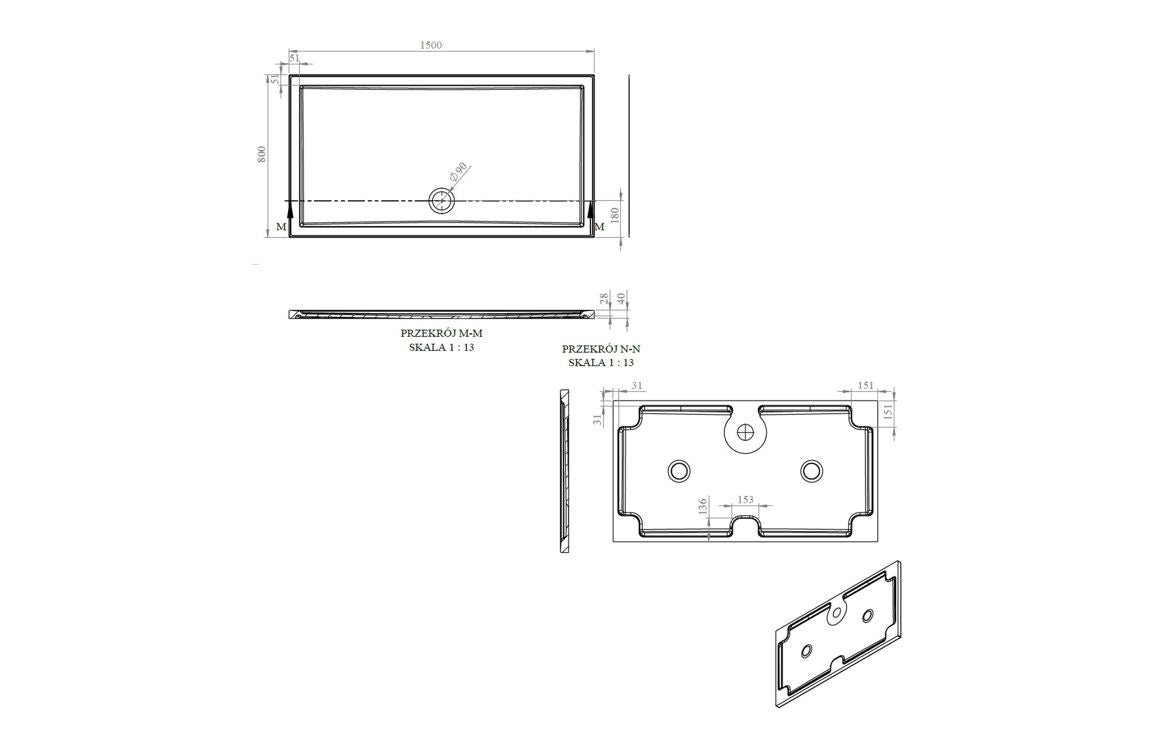 Auvellis RefleXion rectangular shower tray technical drawing DIETP1534