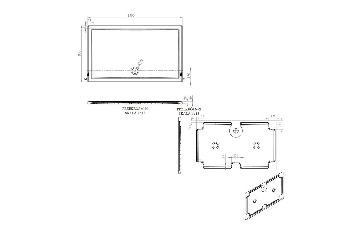 Auvellis RefleXion rectangular shower tray technical drawing DIETP1536