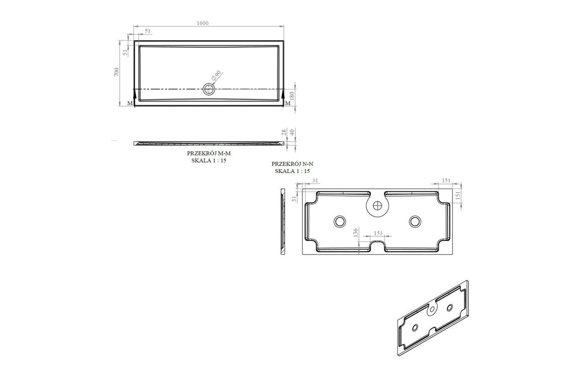 Auvellis RefleXion rectangular shower tray technical drawing DIETP1638