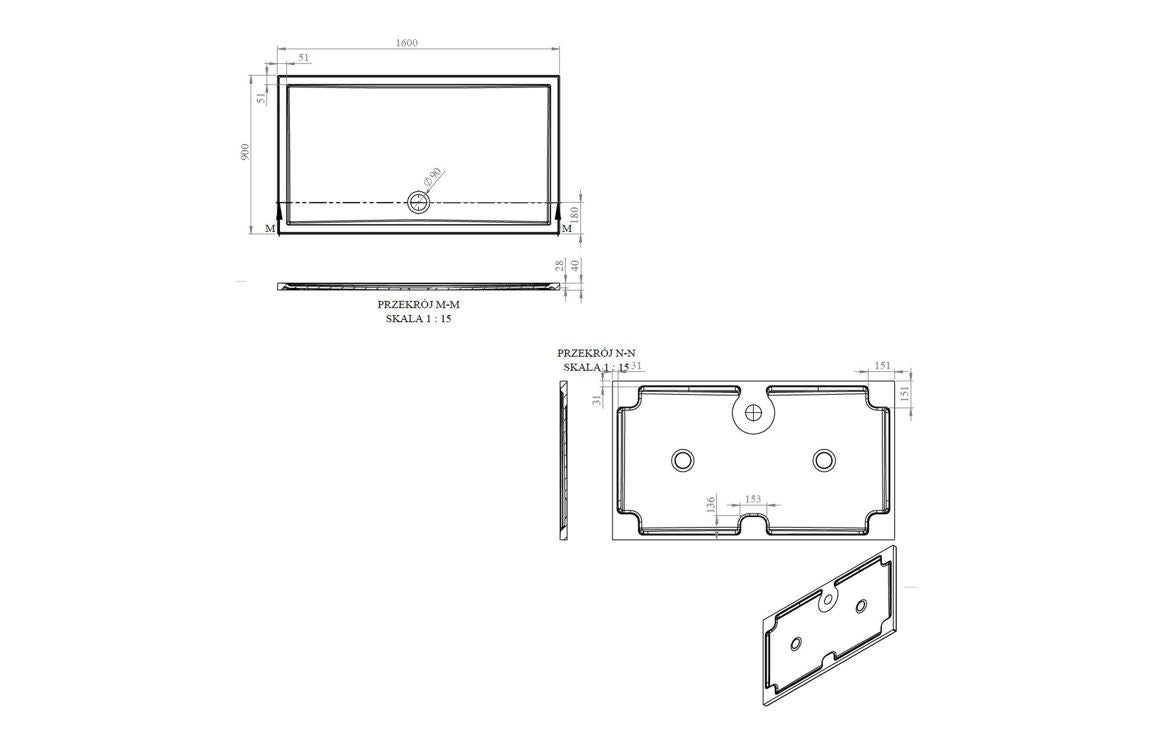 Auvellis RefleXion rectangular shower tray technical drawing DIETP1640