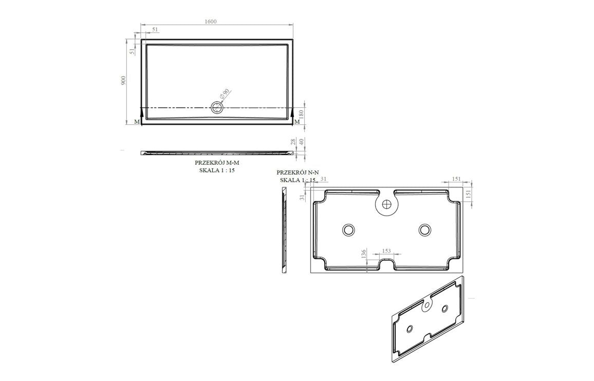 Auvellis RefleXion rectangular shower tray technical drawing DIETP1642