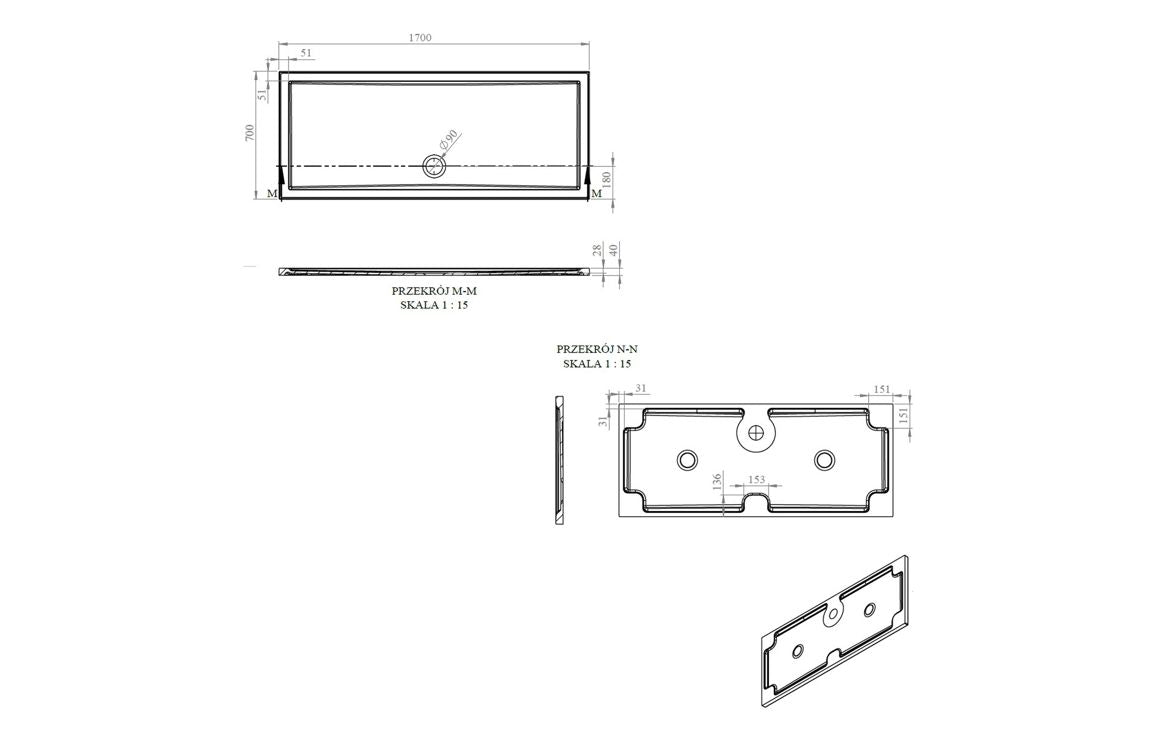 Auvellis RefleXion rectangular shower tray technical drawing DIETP1756