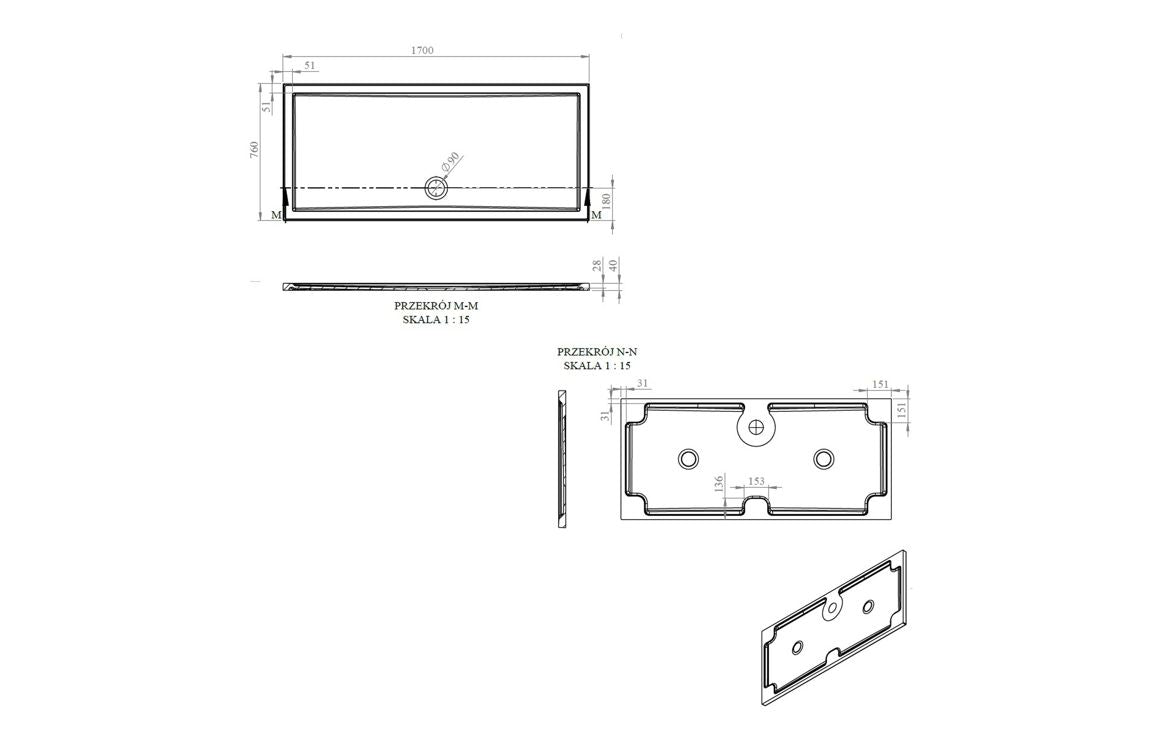 Auvellis RefleXion rectangular shower tray technical drawing DIETP1758