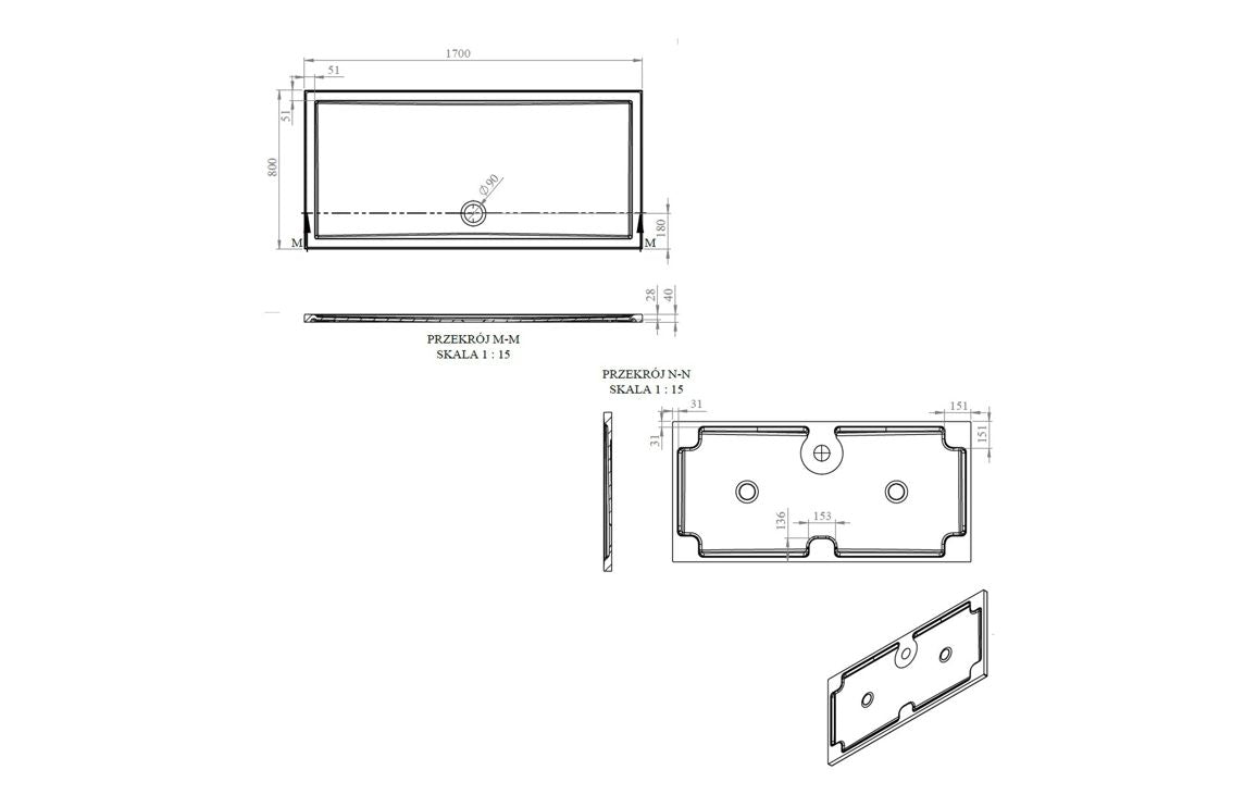 Auvellis RefleXion rectangular shower tray technical drawing DIETP1760