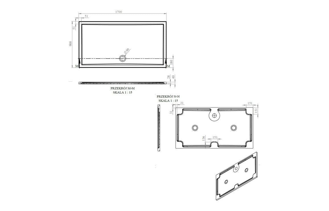 Auvellis RefleXion rectangular shower tray technical drawing DIETP1762
