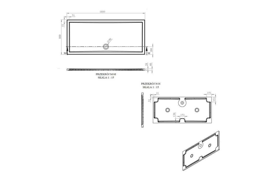 Auvellis RefleXion rectangular shower tray technical drawing DIETP1806