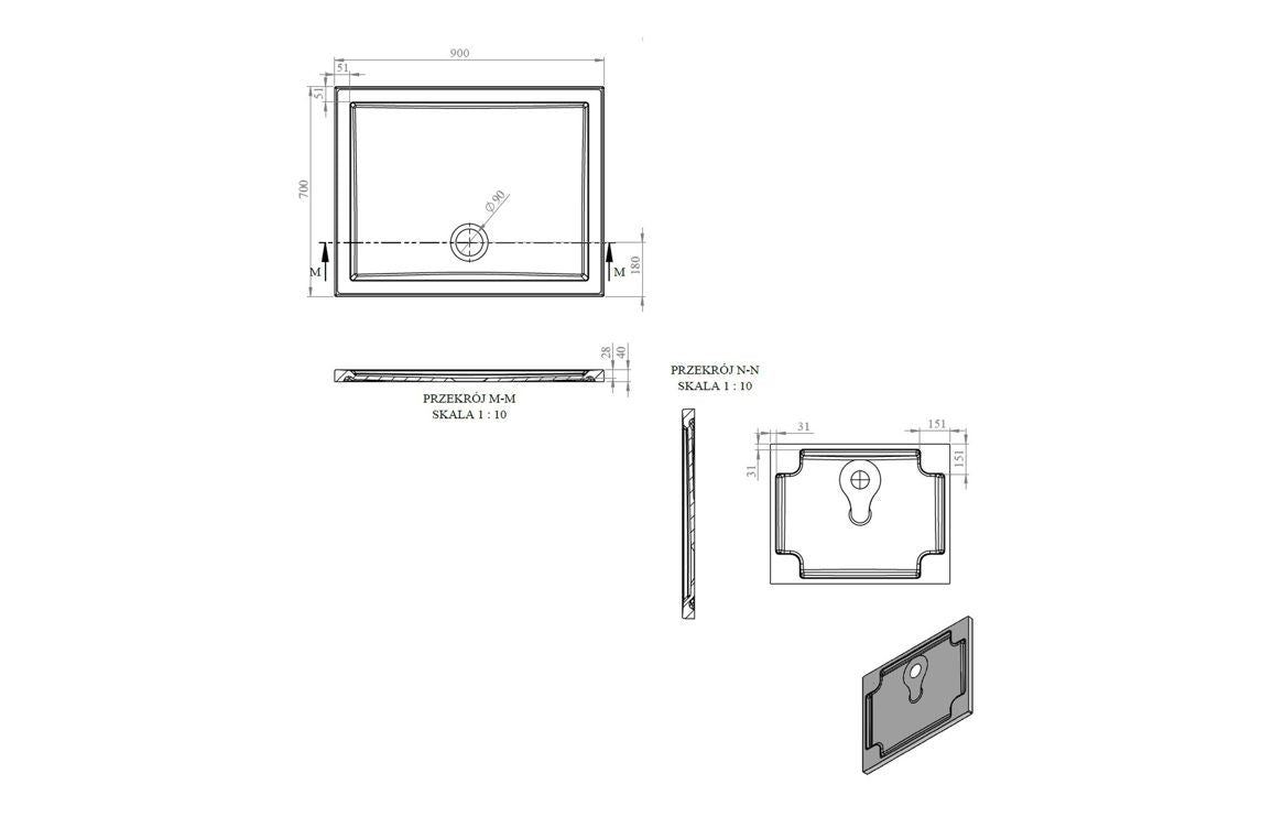 Auvellis RefleXion rectangular shower tray technical drawing DIETP9044