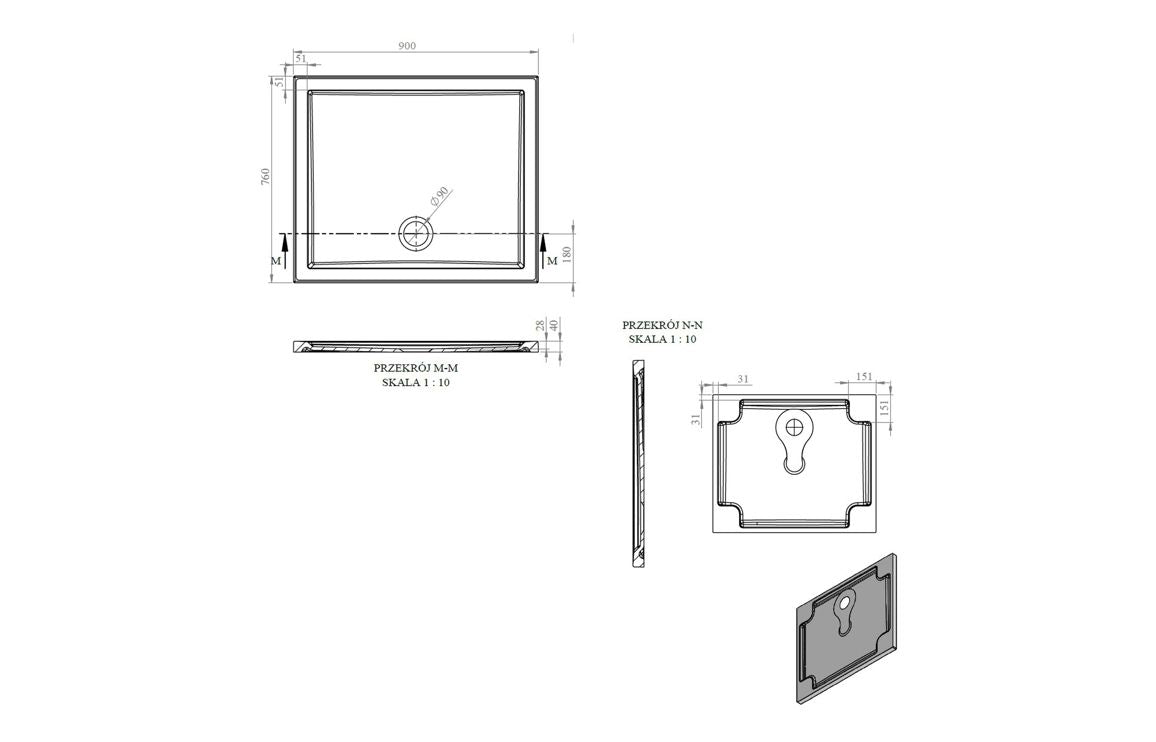 Auvellis RefleXion rectangular shower tray technical drawing DIETP9046