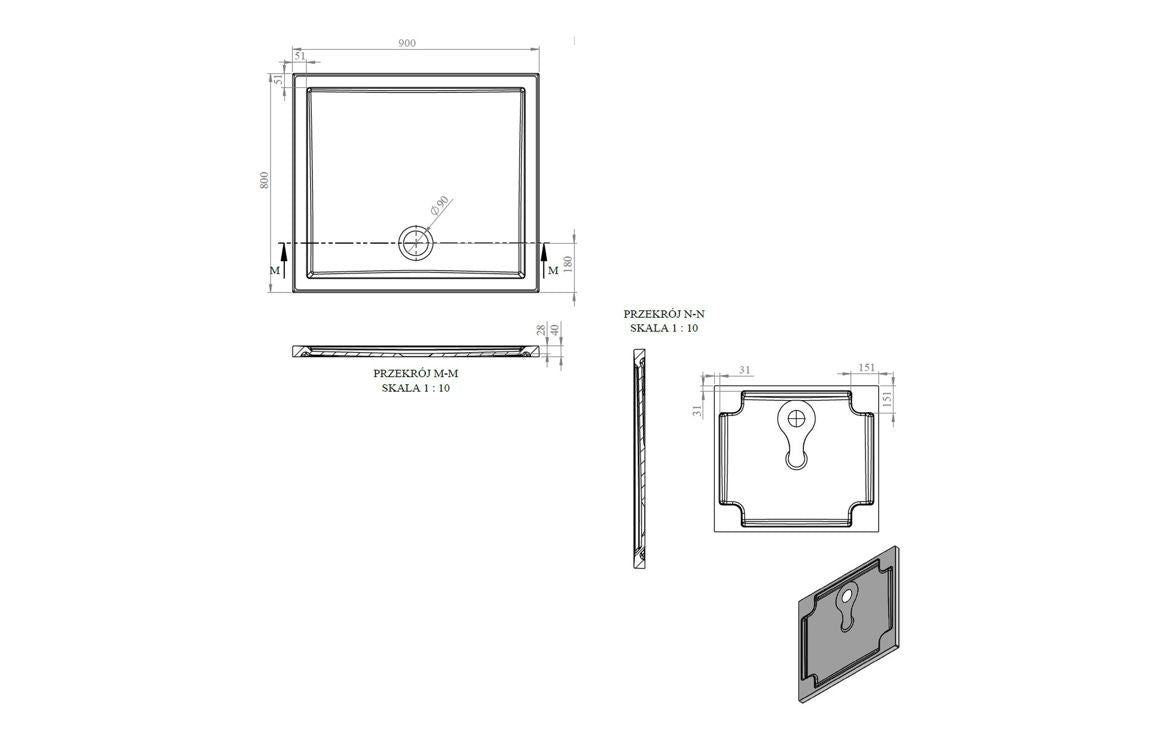 Auvellis RefleXion rectangular shower tray technical drawing DIETP9048