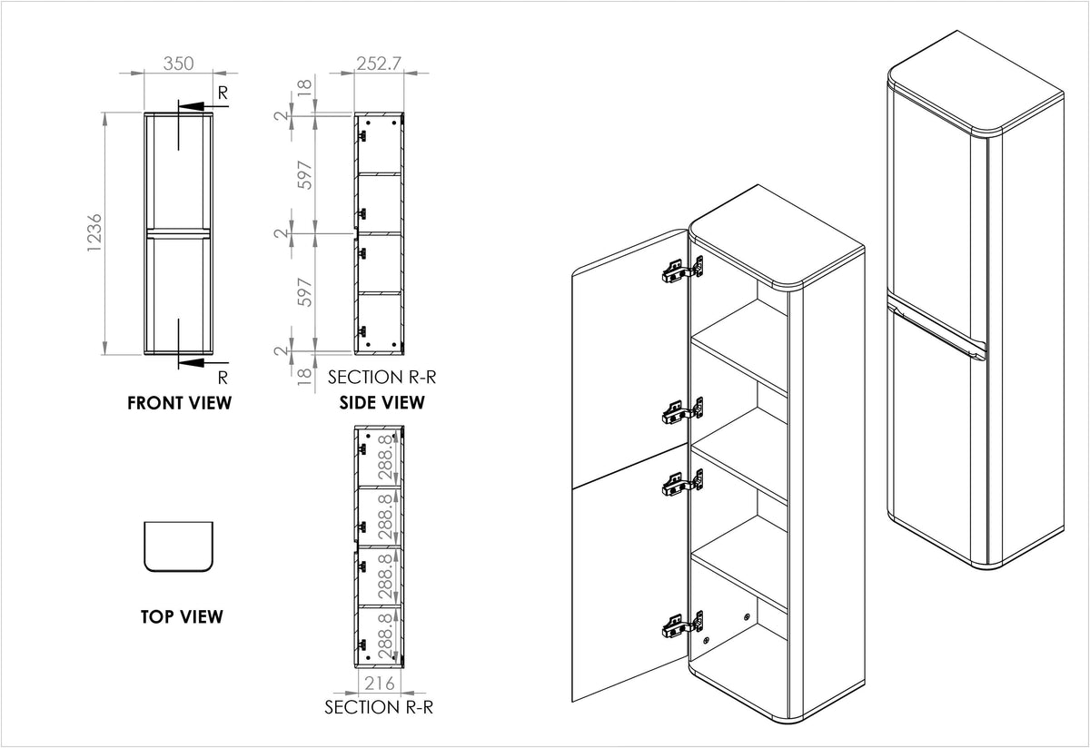 Auvellis Vela 350mm wall-hung tall cabinet – technical drawing