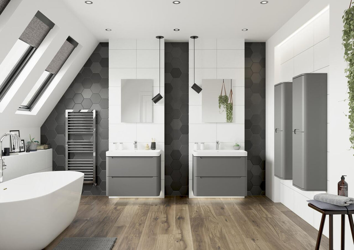 Auvellis Vela 350mm wall-hung tall cabinet – Matt Grey – bathroom setting
