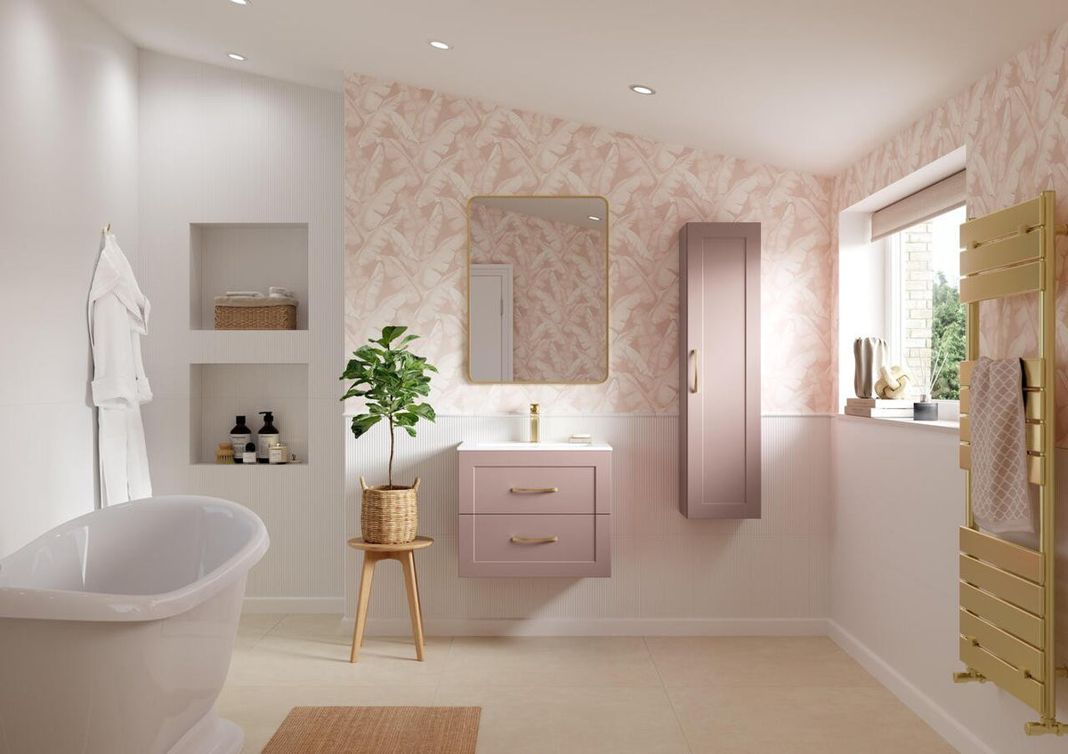 Auvellis Solenne 300mm wall-hung tall cabinet – Matt Peony – bathroom setting