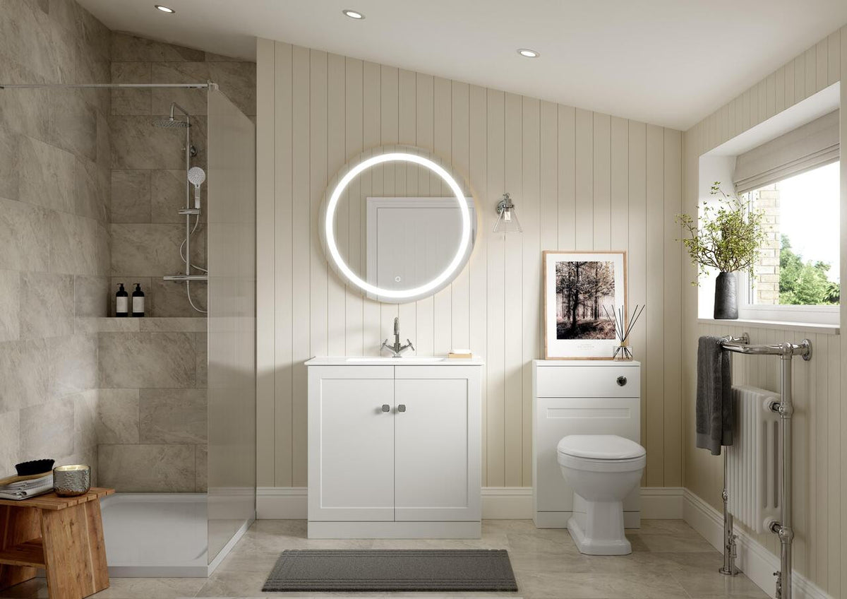 Auvellis Solenne 300mm wall-hung tall cabinet – Matt White – bathroom setting