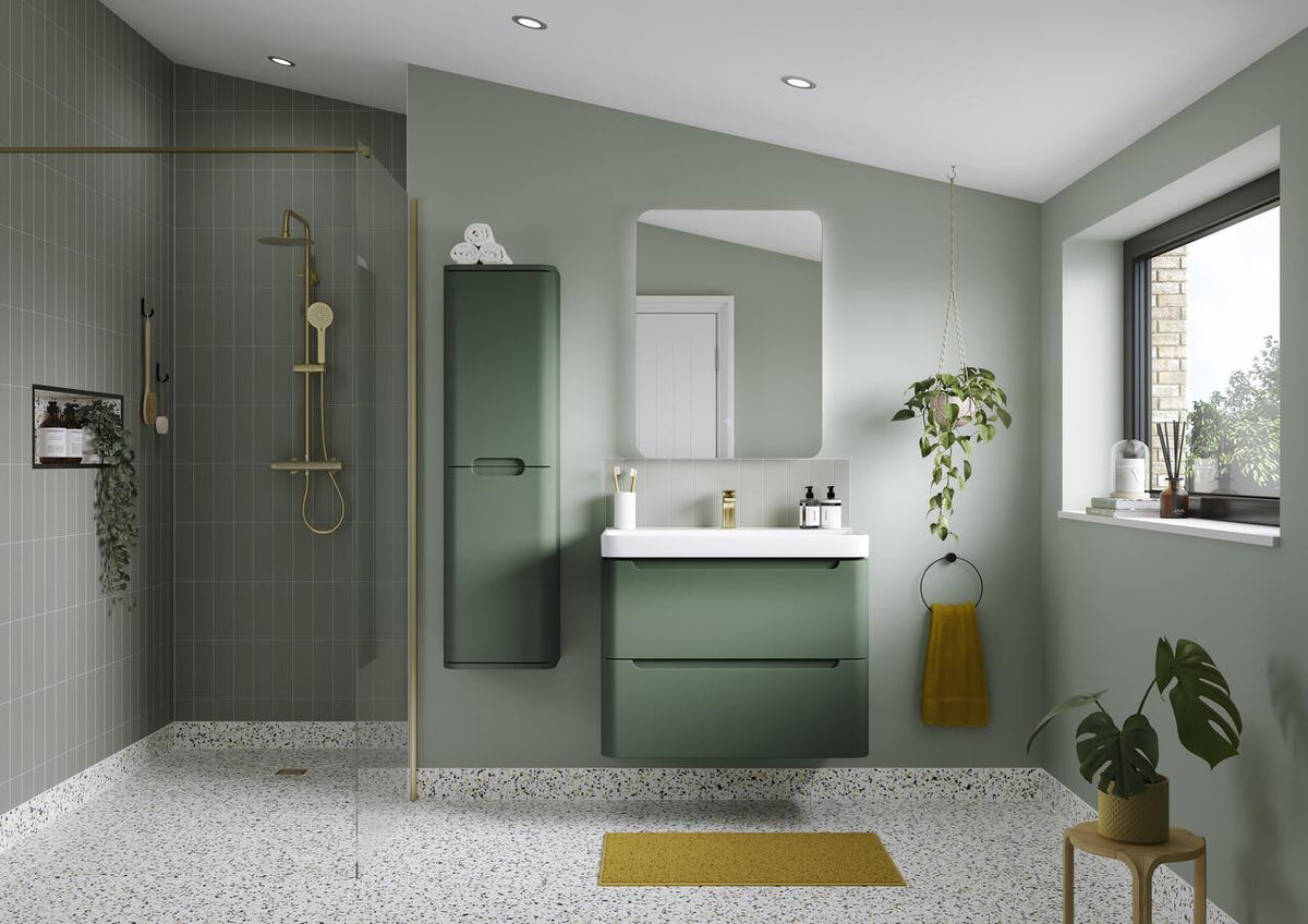 Auvellis Vela 805mm wall-hung vanity – Matt Sage Green – bathroom setting
