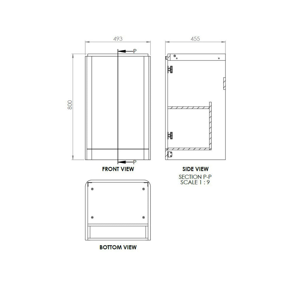 Auvellis Vela 500mm floor-standing cloakroom vanity unit – technical drawing