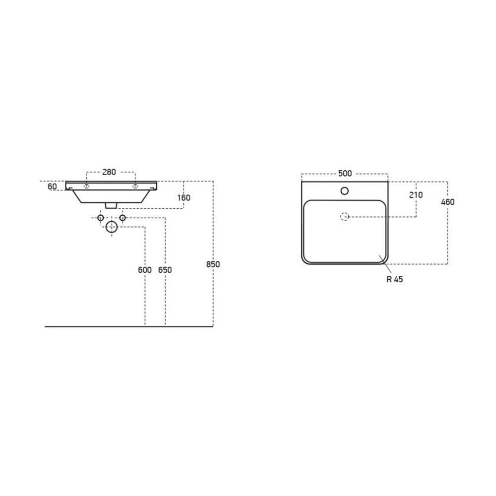 Auvellis Vela 500mm curved basin – technical drawing