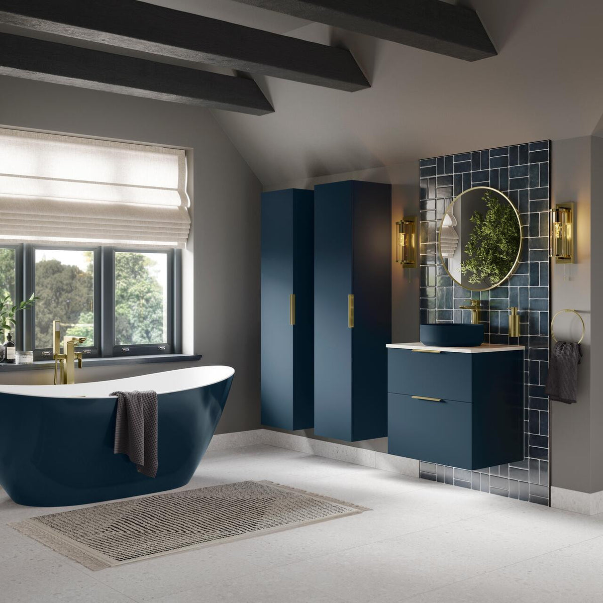 Auvellis Arven Matt Deep Blue floor-standing vanity in bathroom
