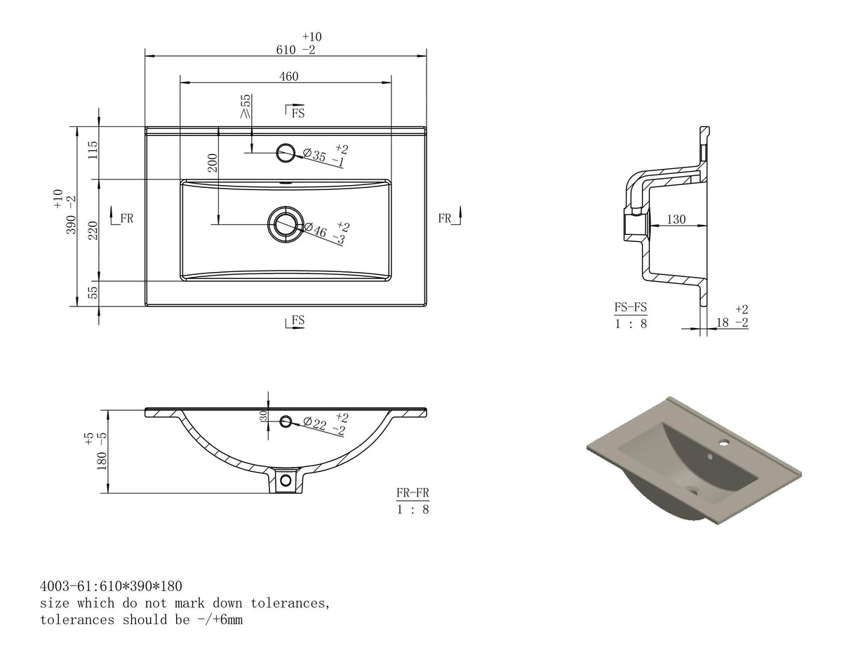 Auvellis Arven 615mm floor-standing vanity – ceramic basin technical drawing