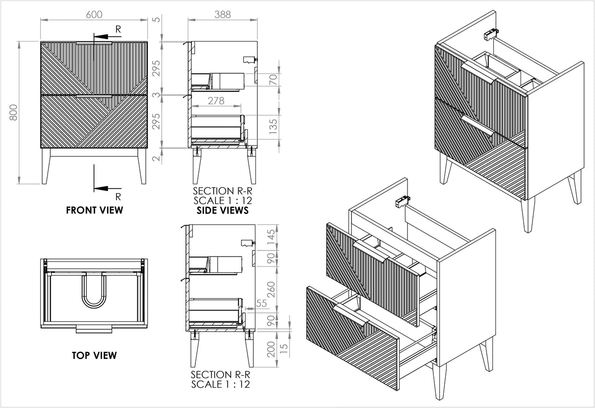 Auvellis Arven 615mm floor-standing vanity – unit technical drawing