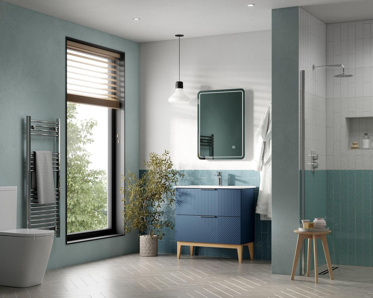 Auvellis Arven 615mm floor-standing vanity – Matt Smoke Blue – bathroom setting