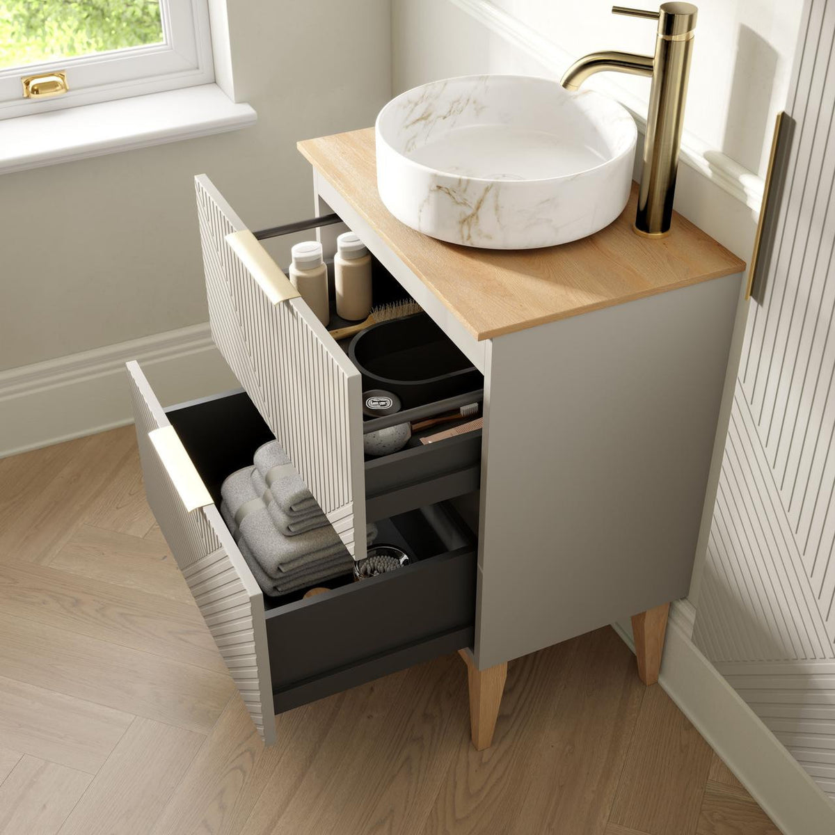 Auvellis Arven 615mm floor-standing vanity – Matt Oat – room view