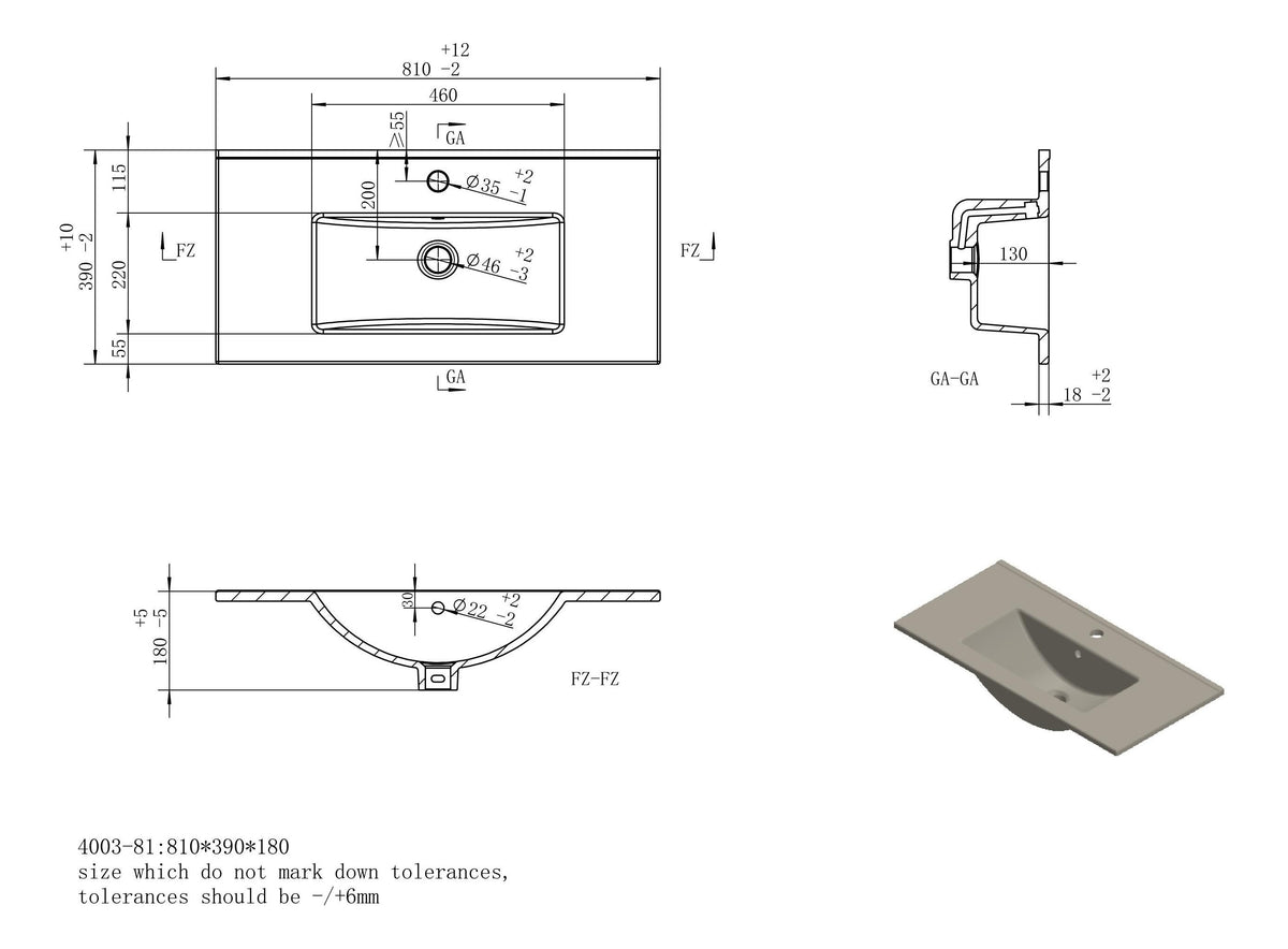 Auvellis Arven 815mm floor-standing vanity – ceramic basin technical drawing