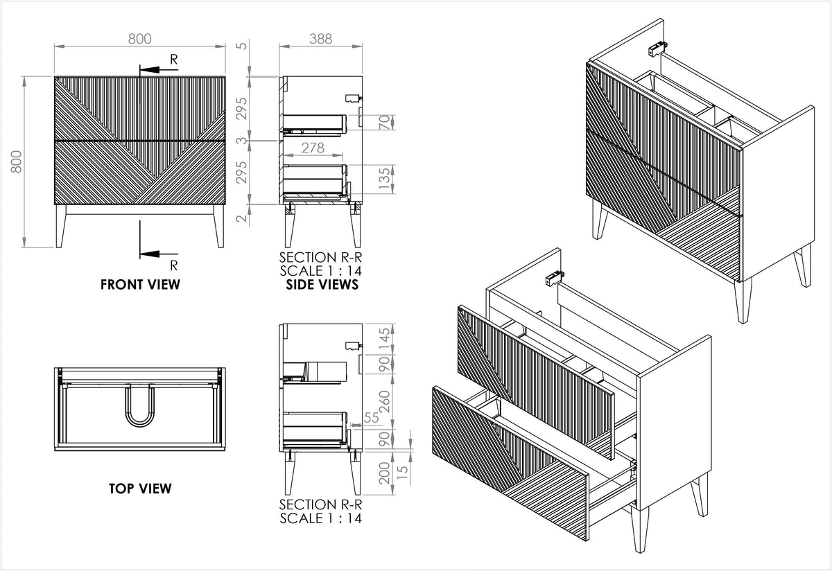 Auvellis Arven 815mm floor-standing vanity – unit technical drawing