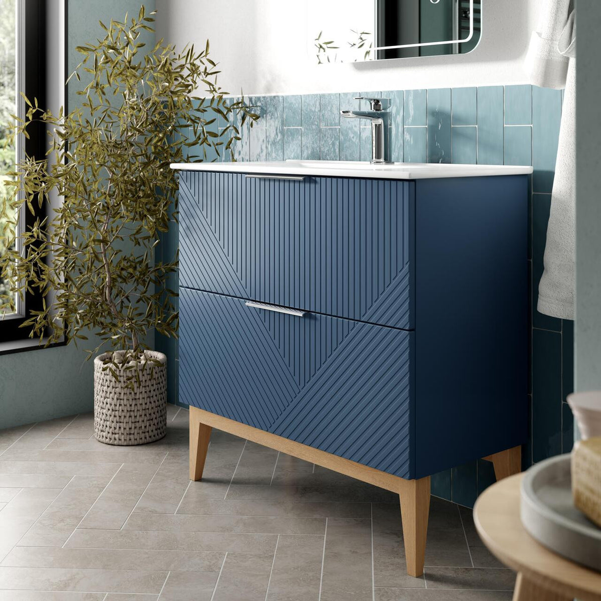 Auvellis Arven 815mm floor-standing vanity – Matt Smoke Blue – room view