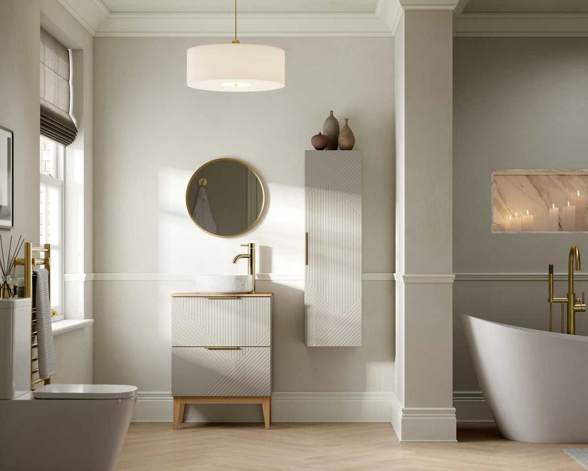 Auvellis Arven 815mm floor-standing vanity – Matt Oat – bathroom setting