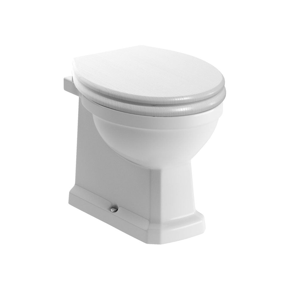 Auvellis Solenne Back-to-Wall Toilet with White Wood-Effect Soft-Close Seat – Chrome