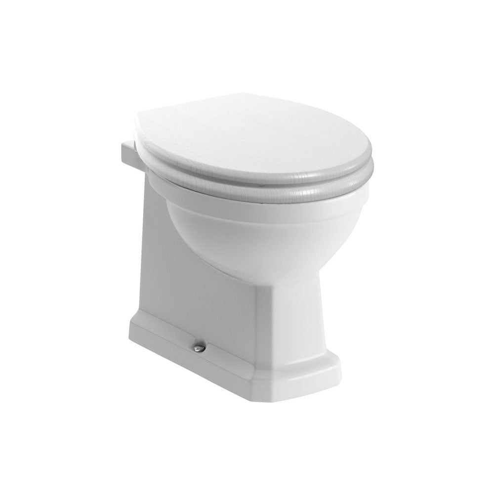 Sherbourne Back To Wall WC & Satin White Wood Effect Seat w/Brushed Brass Finishes Pureflo