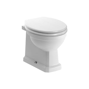 Sherbourne Back To Wall WC & Satin White Wood Effect Seat w/Brushed Brass Finishes Pureflo