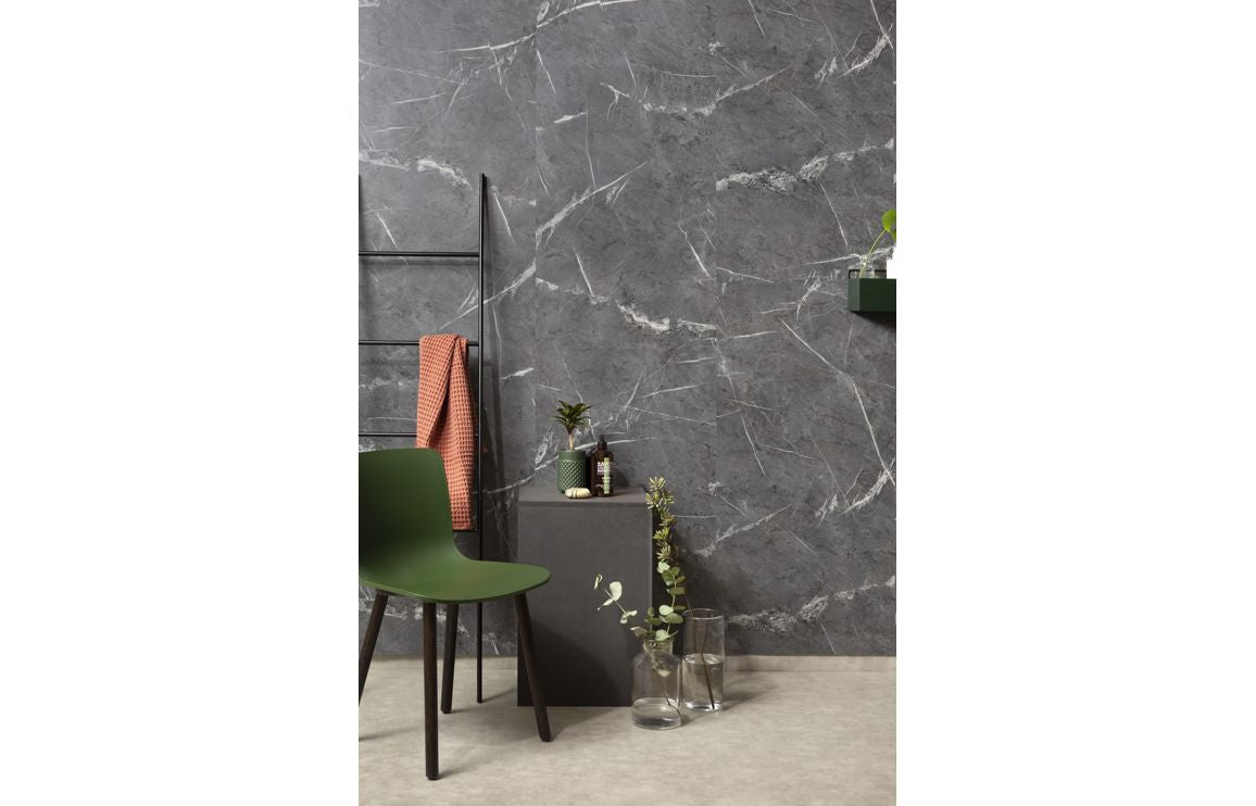 Marble Contemporary Waterproof Wall Panels in Soft Silk Black Stone Effect 2400x600 Pureflo