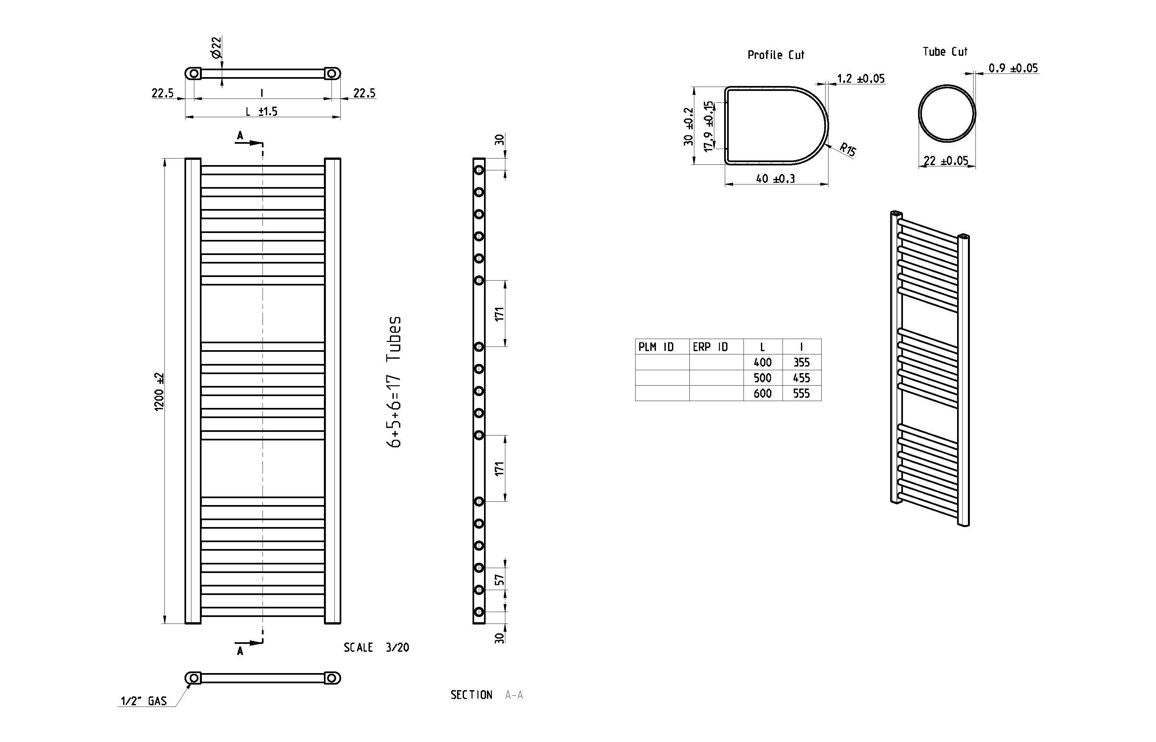 Auvellis Grada towel rail technical drawing