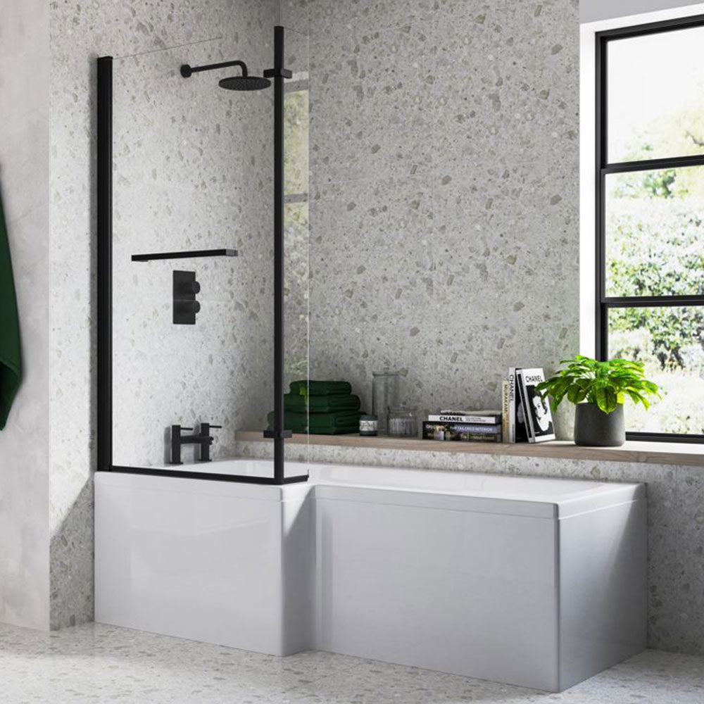 Navarre L Shape 1700x850x560mm 0TH Shower Bath Pack (LH) – Matt Black