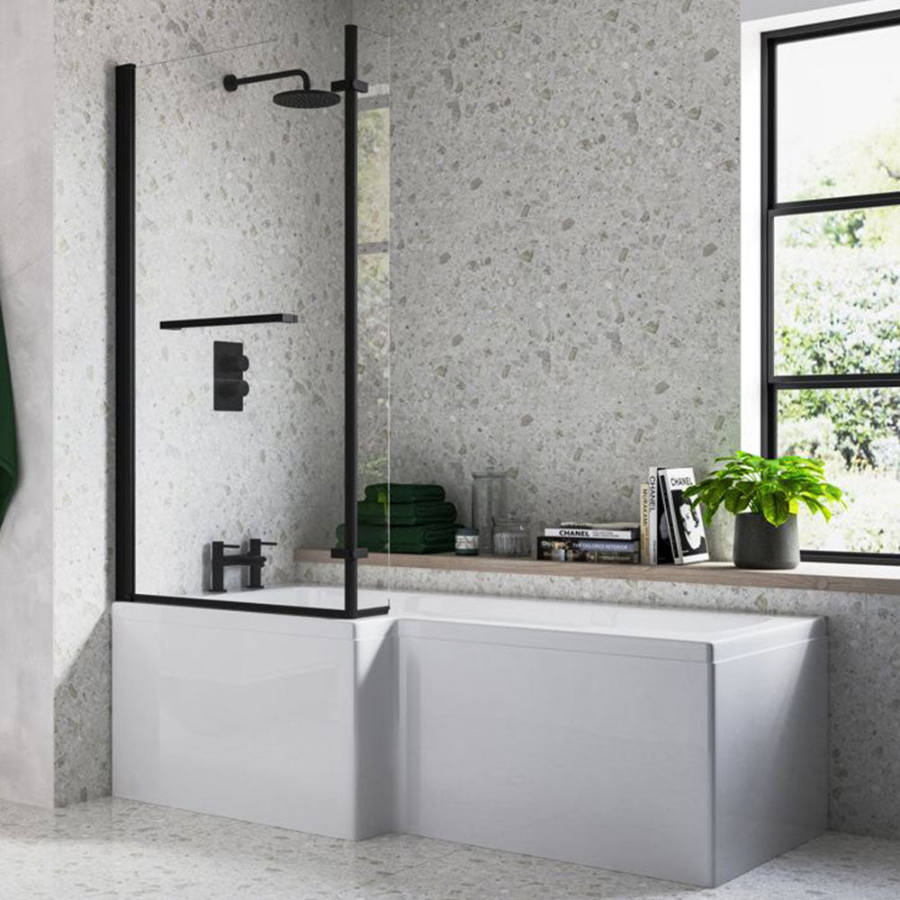 Navarre L Shape 1700x850x560mm 0TH Shower Bath Pack (RH) – Matt Black