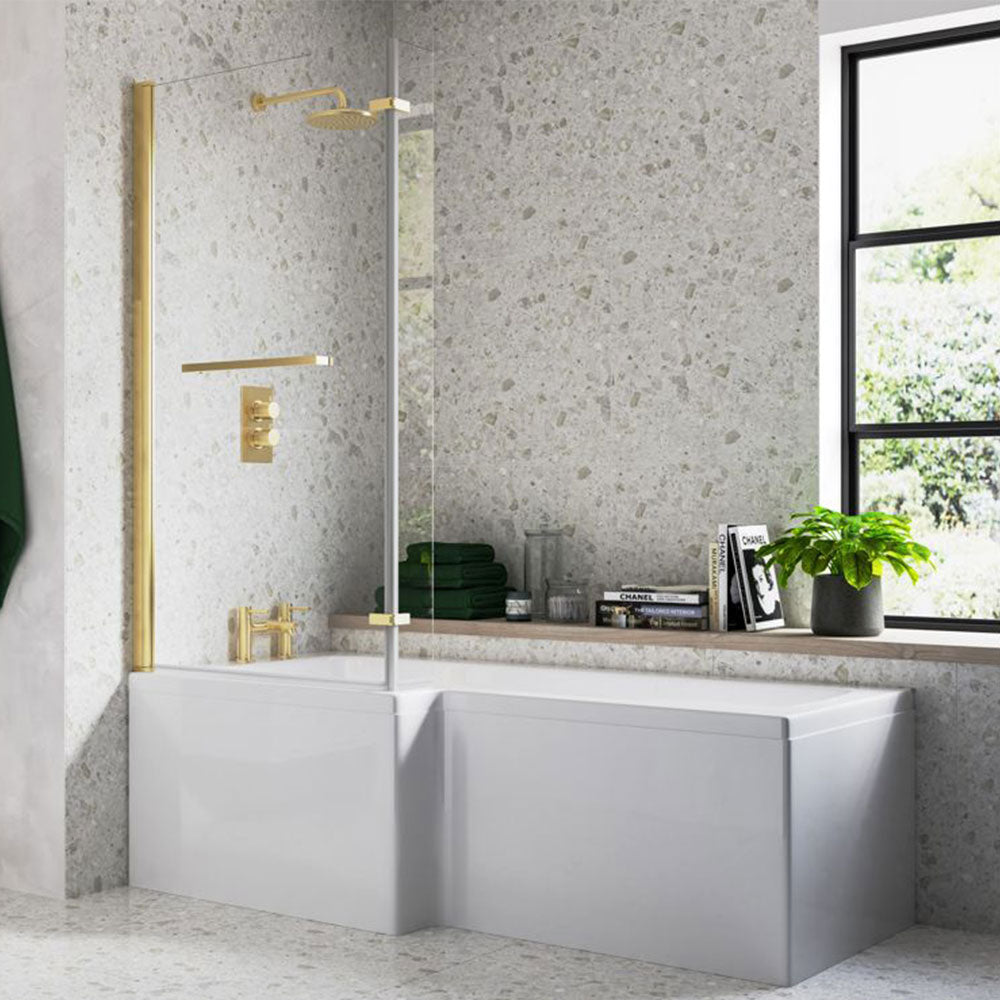 Auvellis Arven Supercast L-shape shower bath pack – Brushed Brass left hand
