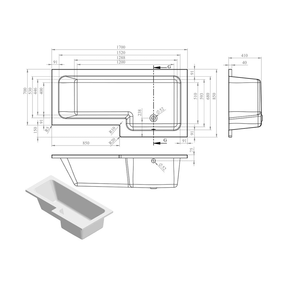 Auvellis Arven Supercast L-shape shower bath pack – detail view 1