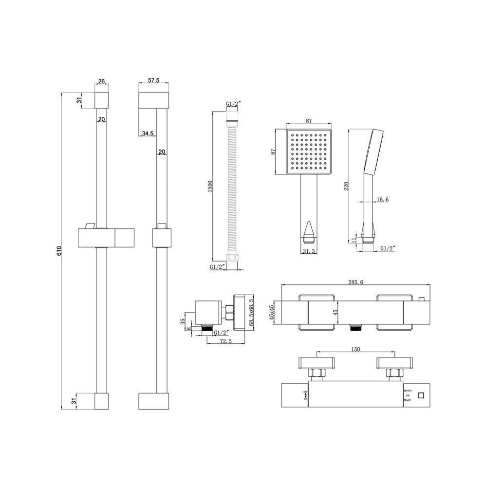 Auvellis Nexara 1 Outlet Exposed Thermostatic Shower Pack With Slide Rail Set Chrome