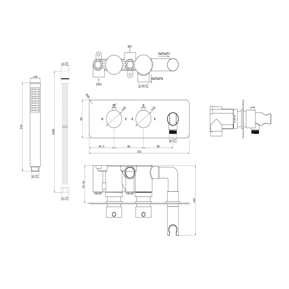 Auvellis Corvex thermostatic two-outlet shower valve with handset – alternate view